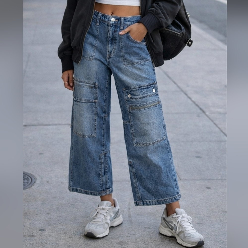 Free People We The Free Cargo Patchwork Jeans Wide Leg Utility Denim Size 29